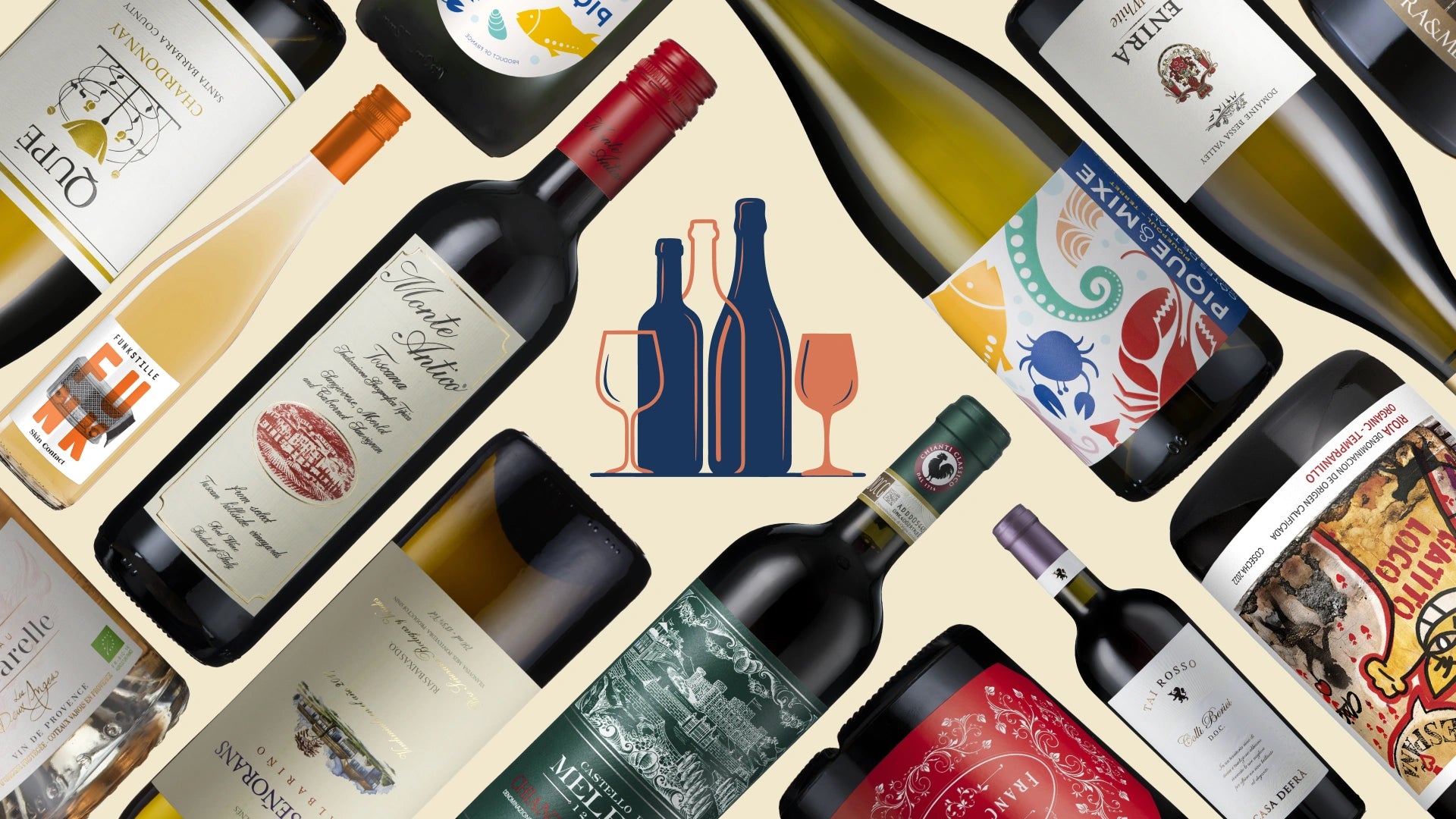 Collage of various wine bottles with different labels on a light background